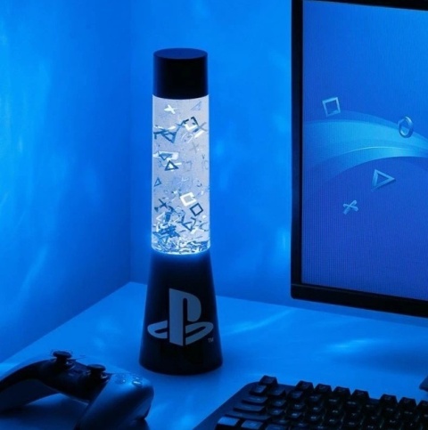 Lampka Playstation włączona rzucająca niebieskie światło na otoczenie Lampka Playstation włączona rzucająca niebieskie światło na otoczenie